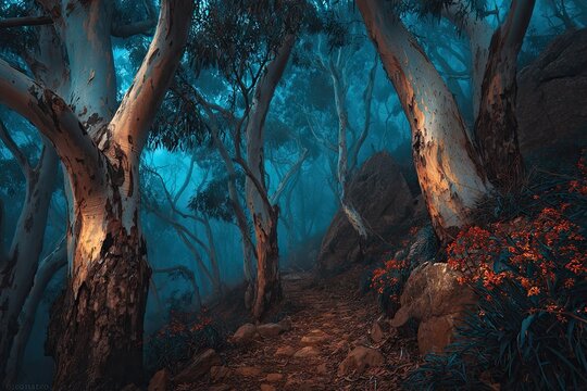 Misty, vibrant forest path