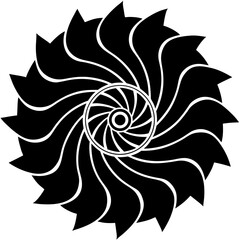 Stylized black and white floral pattern with a dynamic spiral center isolated on white background
