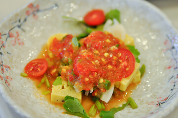 egg salad or Japanese omelete, Japanese omelette or tamagoyaki salad or spicy salad