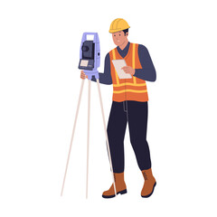 Construction Surveyor Using Theodolite Illustration. Land Measurement and Surveying. Illustrations for websites, landing pages, mobile apps, posters and banners