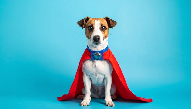 Superdog: Adorable Jack Russell Terrier in a Hero's Cape on blue background 
