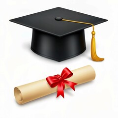 graduation cap with diploma, A celebratory graduation cap and diploma tied with a vibrant red ribbon, symbolizing academic achievement and future success against a clean white background