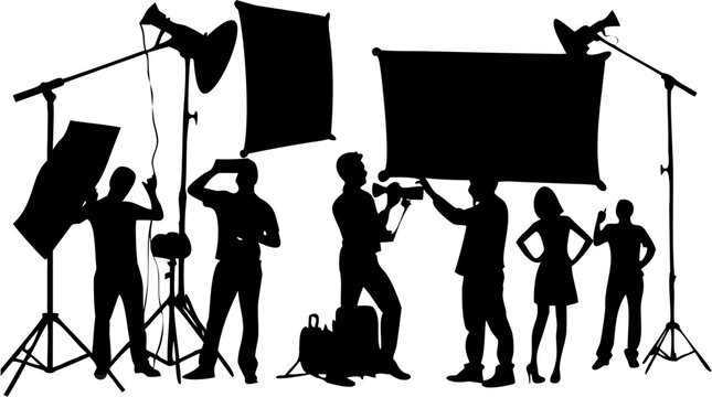 Silhouette of a film crew with lighting equipment and actors in a studio setting for a photoshoot scene | editable eps vectors