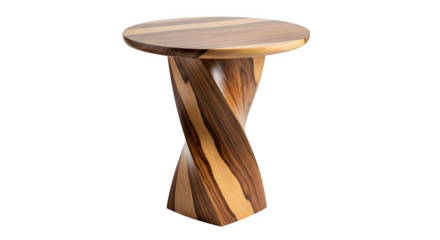 Striking contemporary wooden accent table featuring a unique twisted pedestal design for modern interior decor