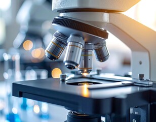 Close-up of a compound microscope in a lab setting, illuminated stage