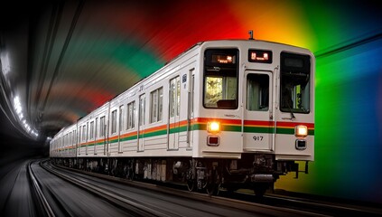 Naklejka premium Commuter train speeding through colorful tunnel