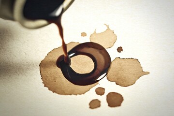 Dark liquid pours onto paper, creating a circular stain amidst other spots