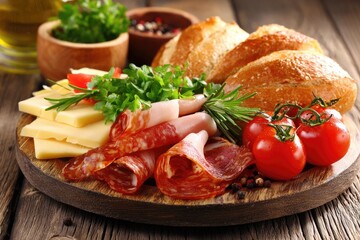 Wooden board loaded with assorted meats, cheeses, and fresh vegetables