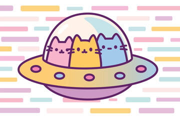 Cute cartoon cats riding in a colorful UFO spaceship with pastel background