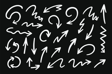 Hand drawn sketchy arrows set in white on black background vector illustration
