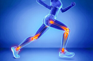 Running Woman Anatomy in 3D – Highlighted Knee, Hip, and Ankle Joints Medical Concept, Medical 3D Illustration of Female Athlete in Motion – Skeletal and Joint Anatomy Highlighted