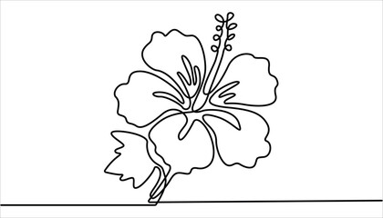 Hibiscus flower in one line art drawing style. Black line sketch on white background. Vector illustration, Hibiscus flower in one continuous line drawing. Floral abstract symbol in simple linear style