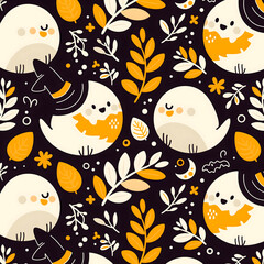 Premium seasonal textile showcasing cute feathered friends among fall foliage
