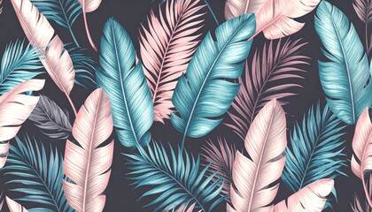 A botanical pattern featuring stylized pink and teal leaves on a dark background.