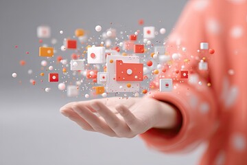 Hand holds floating, colorful, digital file folders