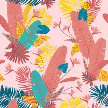 Seamless Pattern with Colorful Potted Houseplants &ndash; Tropical Indoor Plants Vector Background