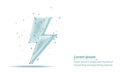 A glowing  Abstract lightning bolt made of connected geometric lines and bright nodes, low poly wireframe set against white background with scattered Energy sign light particles,speed, and technology.