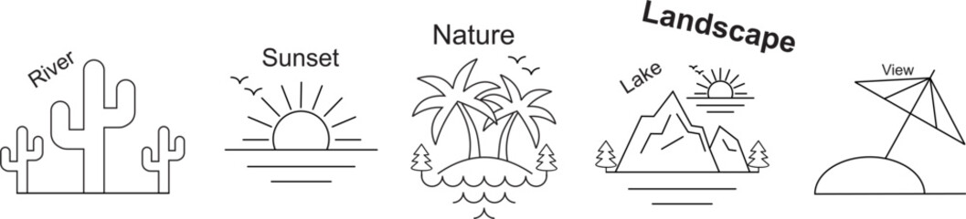 Landscape line Editable Icons set. Vector illustration nature related icons sea, lake, river, forest, sunset, mountain, road, view, sunrise,  