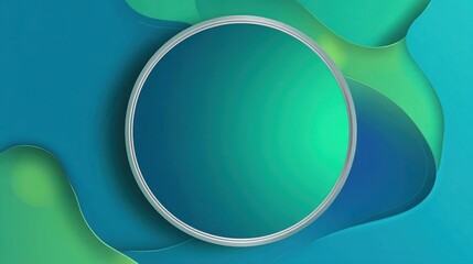 Abstract design with fluid shapes of teal and green, a circular frame, and gradient fill