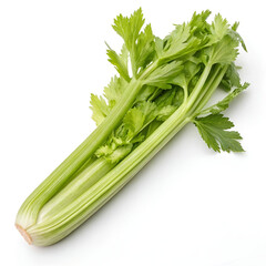 Top view of fresh celery stalks with crisp green leaves.