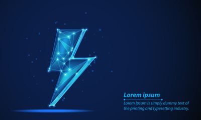 A glowing blue Abstract lightning bolt made of connected geometric lines and bright nodes, low poly wireframe set against a dark background with scattered Energy sign light particles,speed, technology