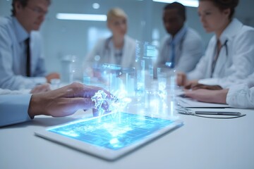 Medical professionals discuss on a holographic display.