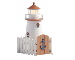 Lighthouse gate anchor motif white red blue wooden fence nautical isolated object maritime coastal building architecture decorative entrance sea ocean beacon tower light safety guidance navigation
