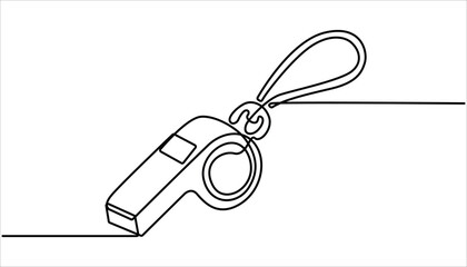 Continuous one line drawing of sport whistle icon on white background. Linear stylized, Sports whistle one line art. Continuous line drawing of sport, coach, referee, activity, equipment, goal, play.
