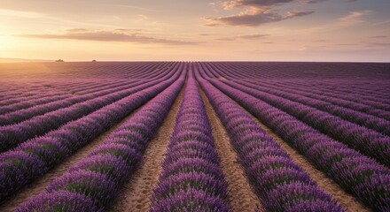 Expansive Lavender Fields Under Soft Sunset Sky with Rows of Vibrant Purple Blooms and Golden Soil Pathways