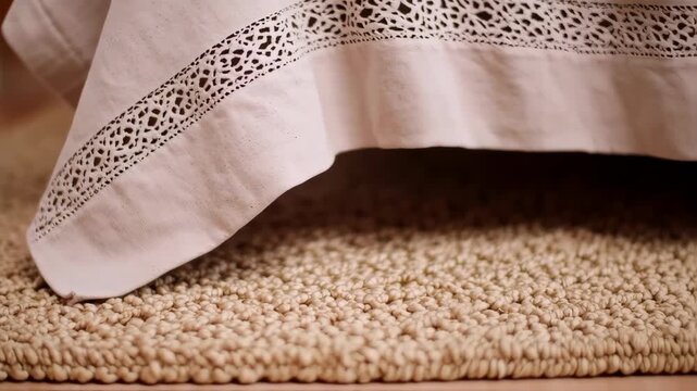 Closeup of Elegant White Linen Fabric with Decorative Cutwork Edge Draped Over Carpet