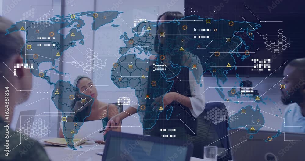 Poster presenter gesturing pen triggers world map overlay animating data icons during business meeting