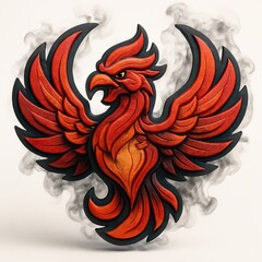 Naklejka premium Red and Orange Phoenix Illustration with Black Outlines and Smoke on a White Background