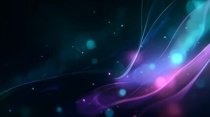 Fototapeta premium Ethereal abstract waves of glowing light in teal, purple, and pink with soft bokeh effects on a dark backdrop, evoking a sense of calm and futuristic elegance.
