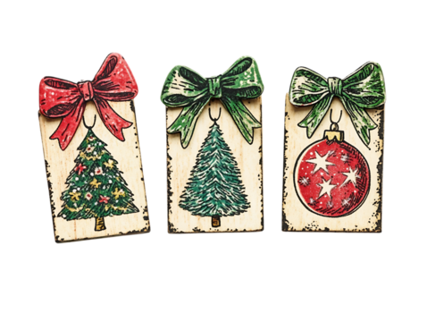 Three festive christmas gift tags with bows and holiday designs isolated on transparent background