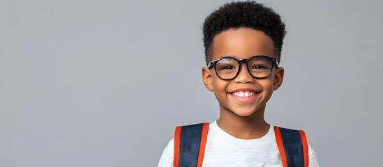 smiling student boy with backpack in plain background