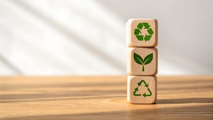 Wooden blocks stacked with environmental symbols for sustainability