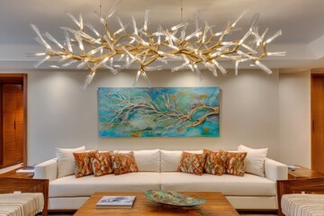 Modern living room with a statement chandelier and artwork