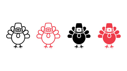 Vector Art of  a Thanksgiving Turkey Icons:  Four Variations—Line Art, Filled, Black, and Red—Pilgrim Hat Design.