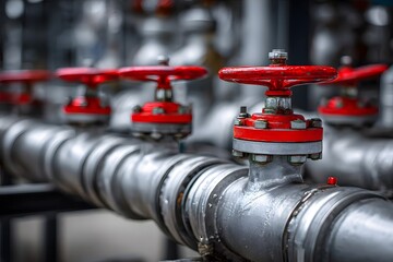 Red valves on metal pipes in an industrial setting.
