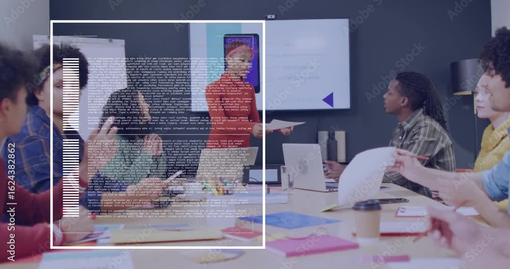 Poster presenter handing paper while team raising hand and causing animated icons on screen during meeting