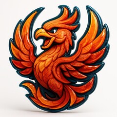 Orange Phoenix Illustration with Blue Outlines and Textured Feathers on a White Background