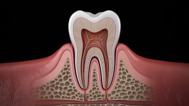 Detailed cross-section reveals intricate human tooth anatomy with nerves and blood vessels for dental education