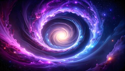 A vibrant cosmic vortex swirling into a glowing central singularity, a concept of interstellar travel and deep space creation.
