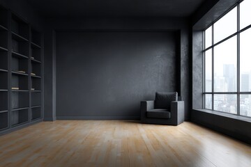 Fototapeta premium Dark, modern room with built-in bookshelves and a comfy chair by a large window