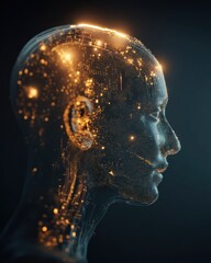 Obraz premium Illuminated Human: a profile silhouette with glowing particles highlighting the intricate details of human thought and innovation.