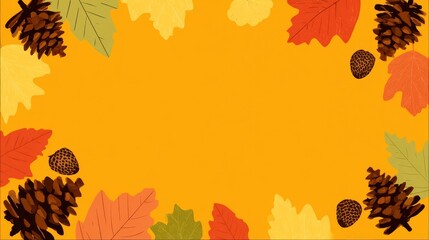 Autumnal composition with colorful leaves, pinecones, and acorns over a vibrant yellow background