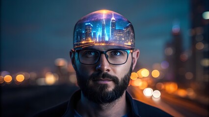 Man s mind reflects futuristic cityscape with glowing lights