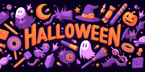 Halloween celebration typography with spooky icons and decorations