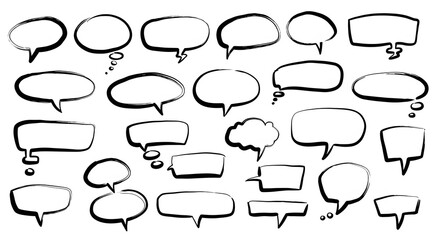 Set of empty hand-drawn doodle speech bubbles. Vector illustration of comic book dialogue balloons and thought clouds for communication.