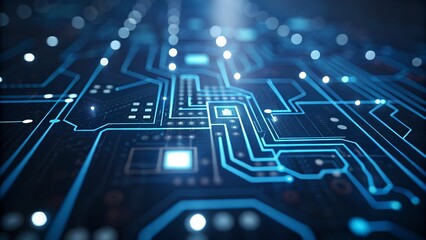 Abstract blue circuit board with glowing lights and data flow